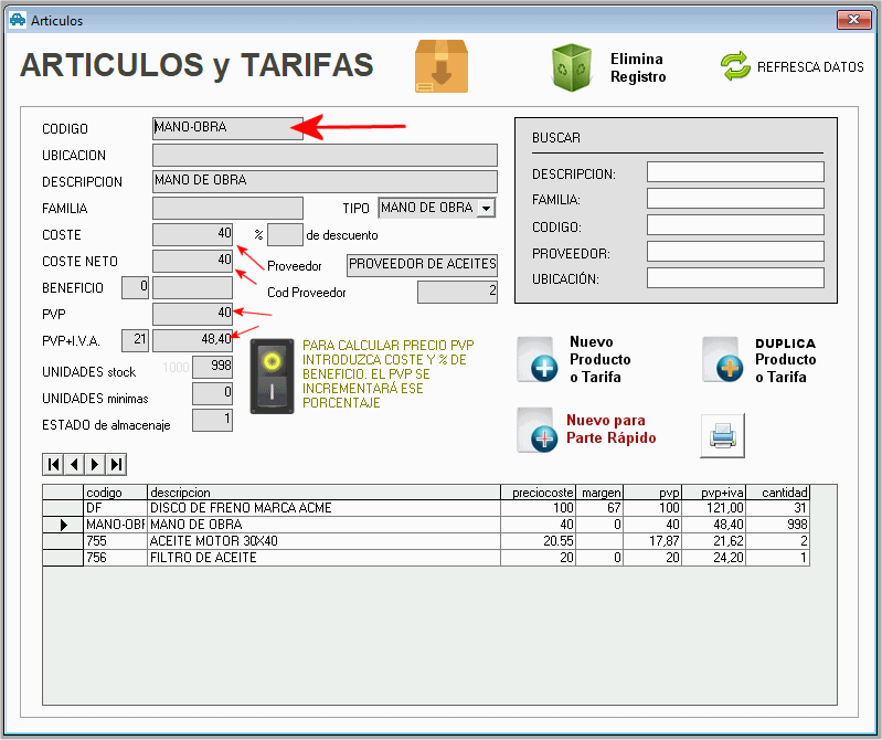 PANTALLA PRODUCTOS Y TARIFAS - Codigo MANO-OBRA