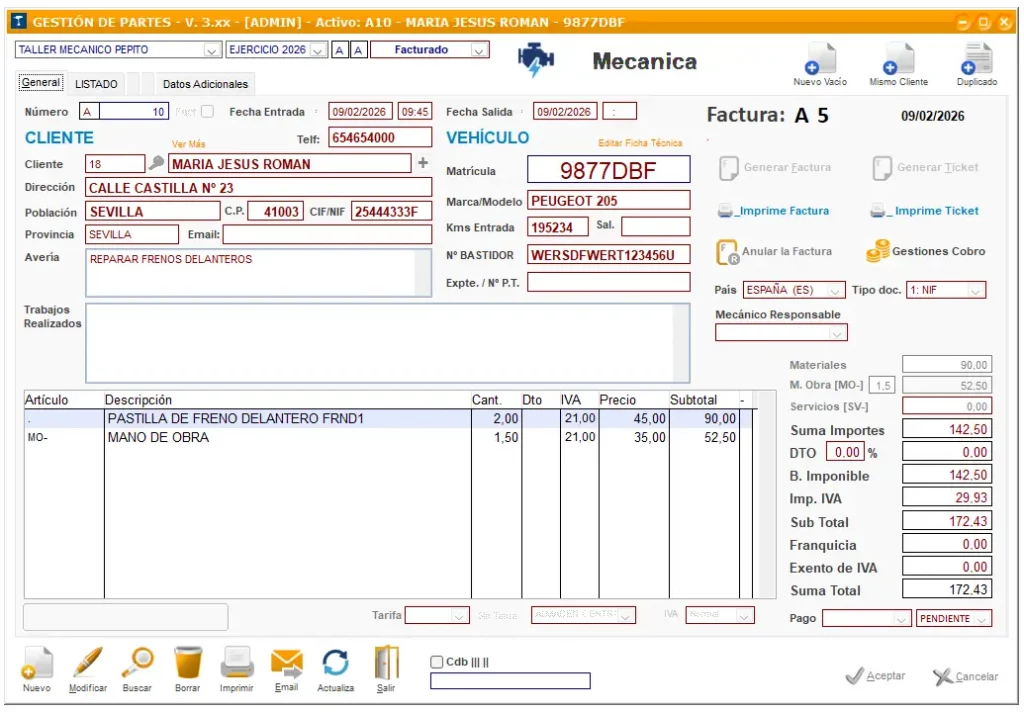 Pantalla ClassicGes6 Taller Partes trabajo Verifactu