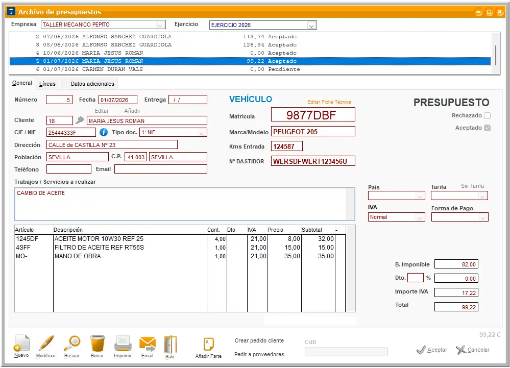 Classiges Taller Teamsystem Presupuestos