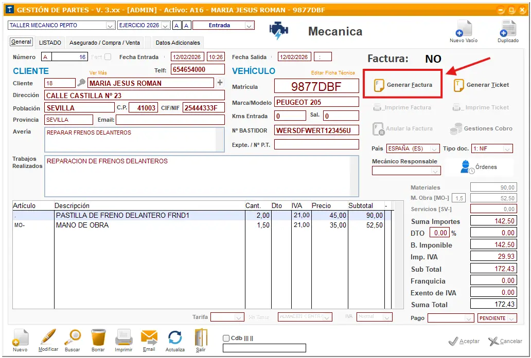 Crear factura en Classicges Taller Verifactu TeamSystem AIG